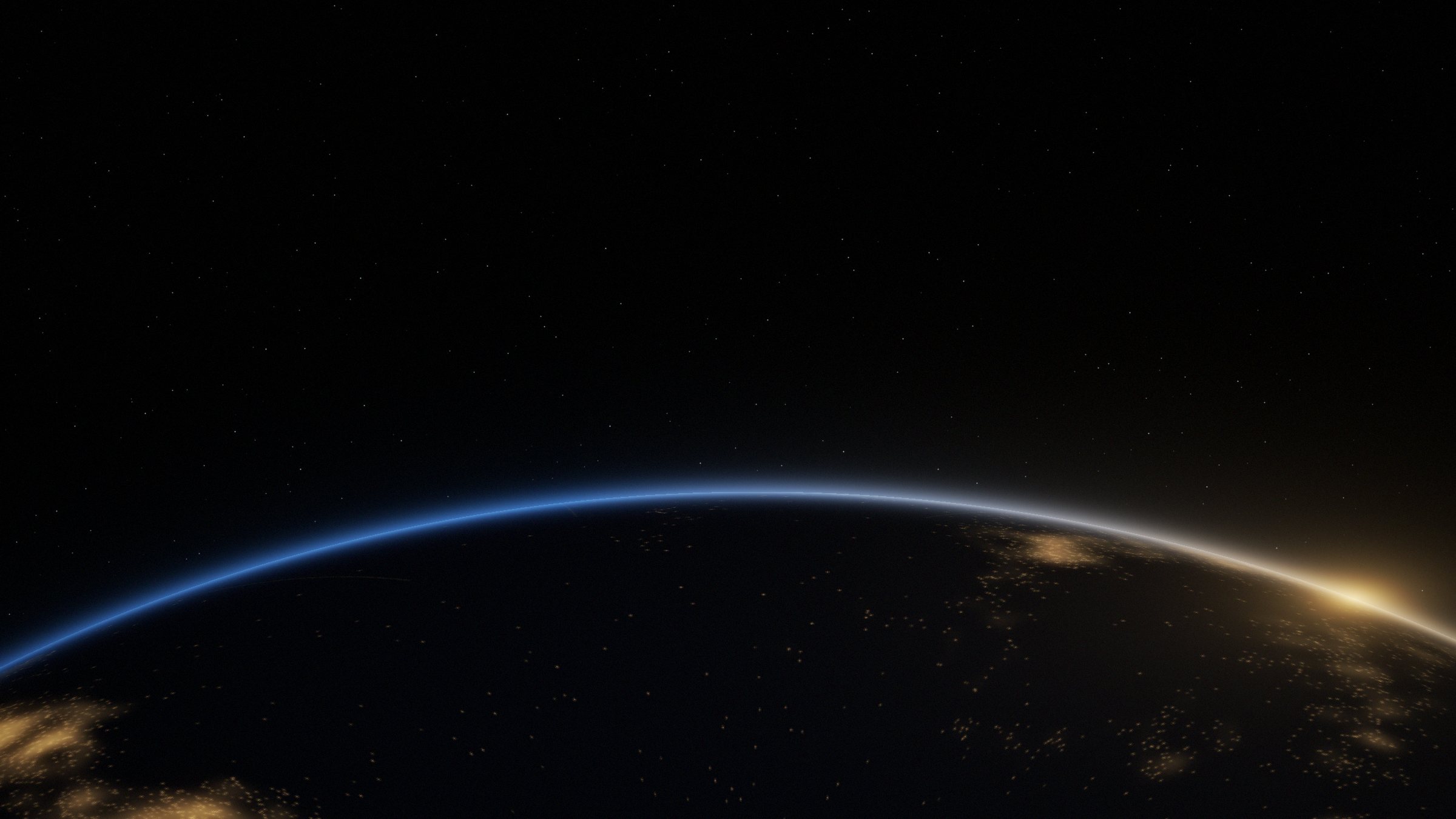 Earth at night seen from orbit, city lights of critical infrastructure and dawn on the horizon