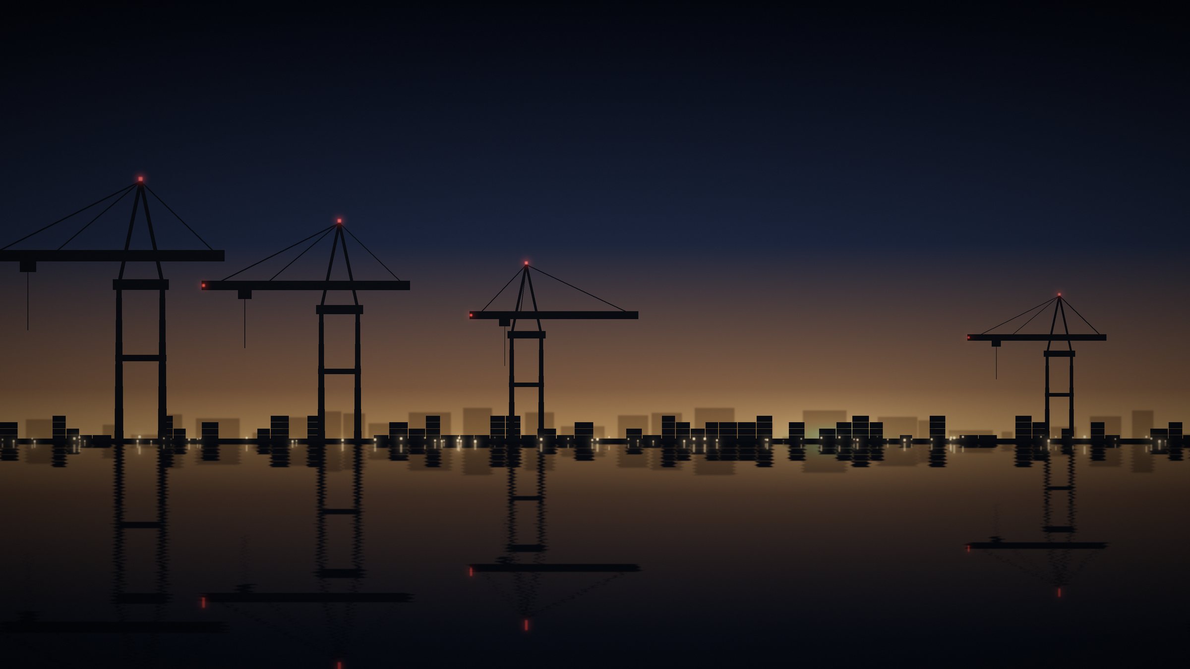 Container cranes at a port at dusk: transport infrastructure that must keep running